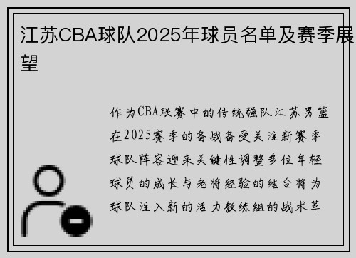 江苏CBA球队2025年球员名单及赛季展望